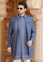 Load image into Gallery viewer, Grey Art Silk Jacket Style Sherwani
