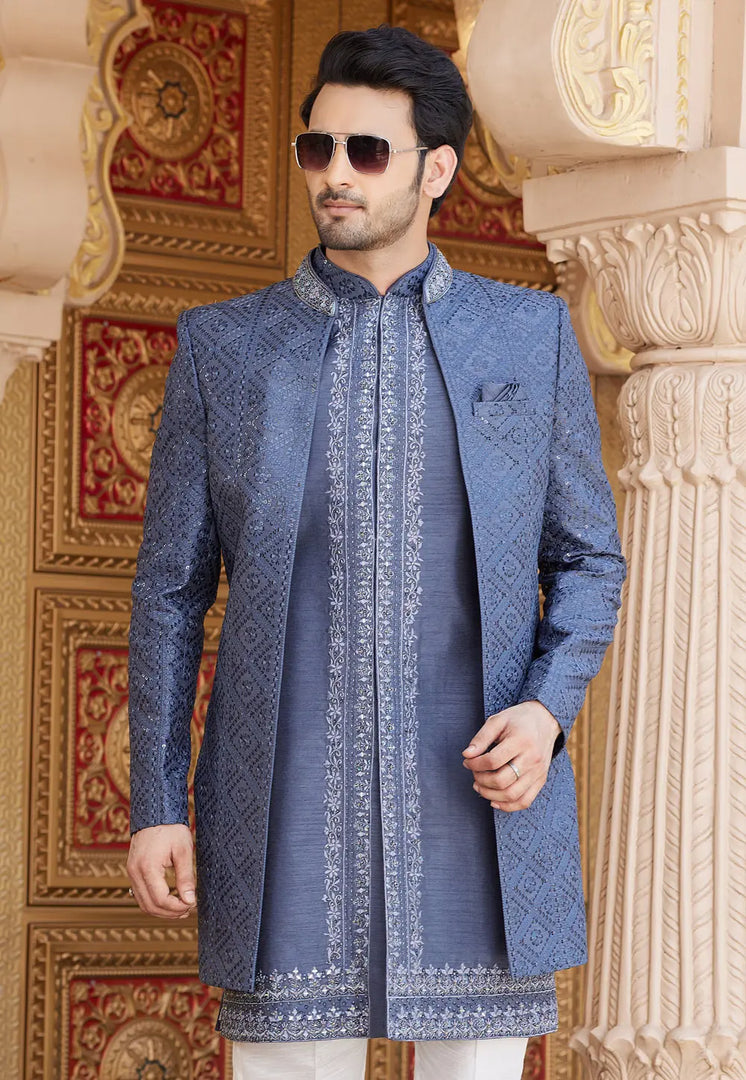 Grey Art Silk Jacket Style Sherwani