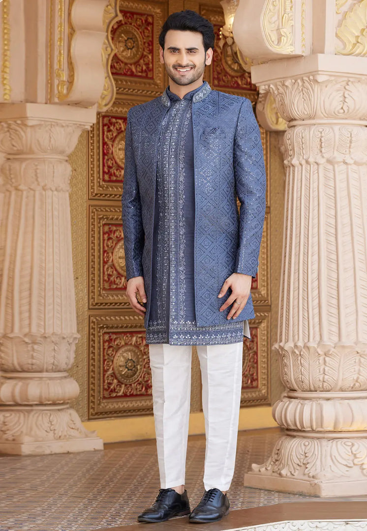 Grey Art Silk Jacket Style Sherwani