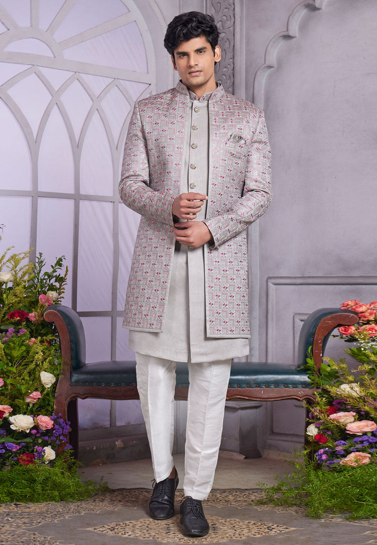 Grey Art Silk Jacket Style Sherwani