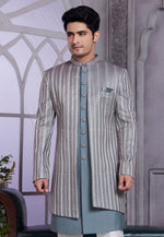 Load image into Gallery viewer, Grey Art Silk Jacket Style Sherwani
