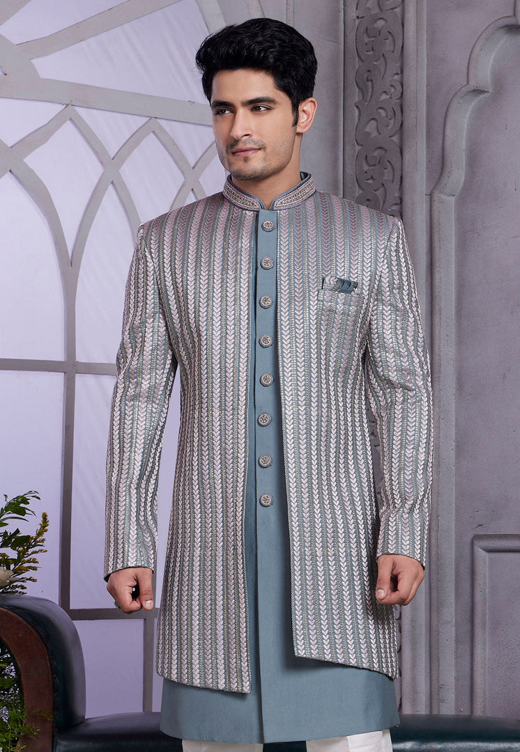 Grey Art Silk Jacket Style Sherwani