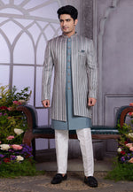 Load image into Gallery viewer, Grey Art Silk Jacket Style Sherwani
