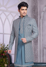 Load image into Gallery viewer, Grey Art Silk Jacket Style Sherwani
