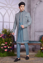 Load image into Gallery viewer, Grey Art Silk Jacket Style Sherwani
