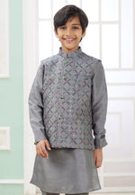 Load image into Gallery viewer, Grey Art Silk Kids Kurta Pajama With Jacket
