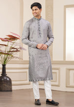 Load image into Gallery viewer, Grey Art Silk Kurta Pajama
