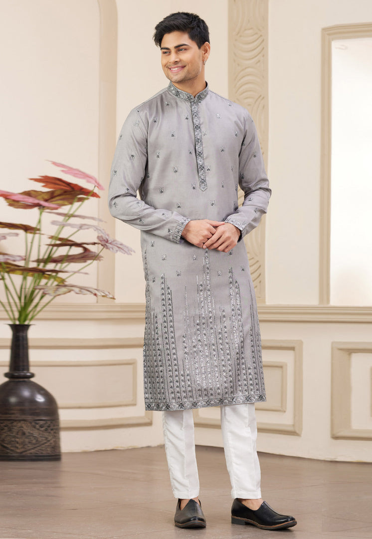 Grey Art Silk Kurta Pajama