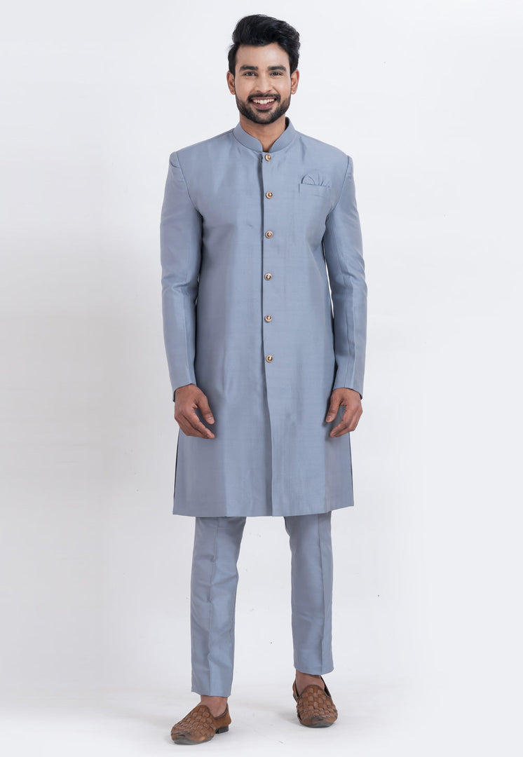 Grey Banarasi Indo Western Suit