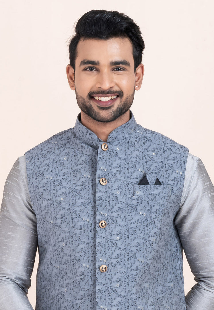 Grey Banarasi Silk Kurta Pajama With Jacket