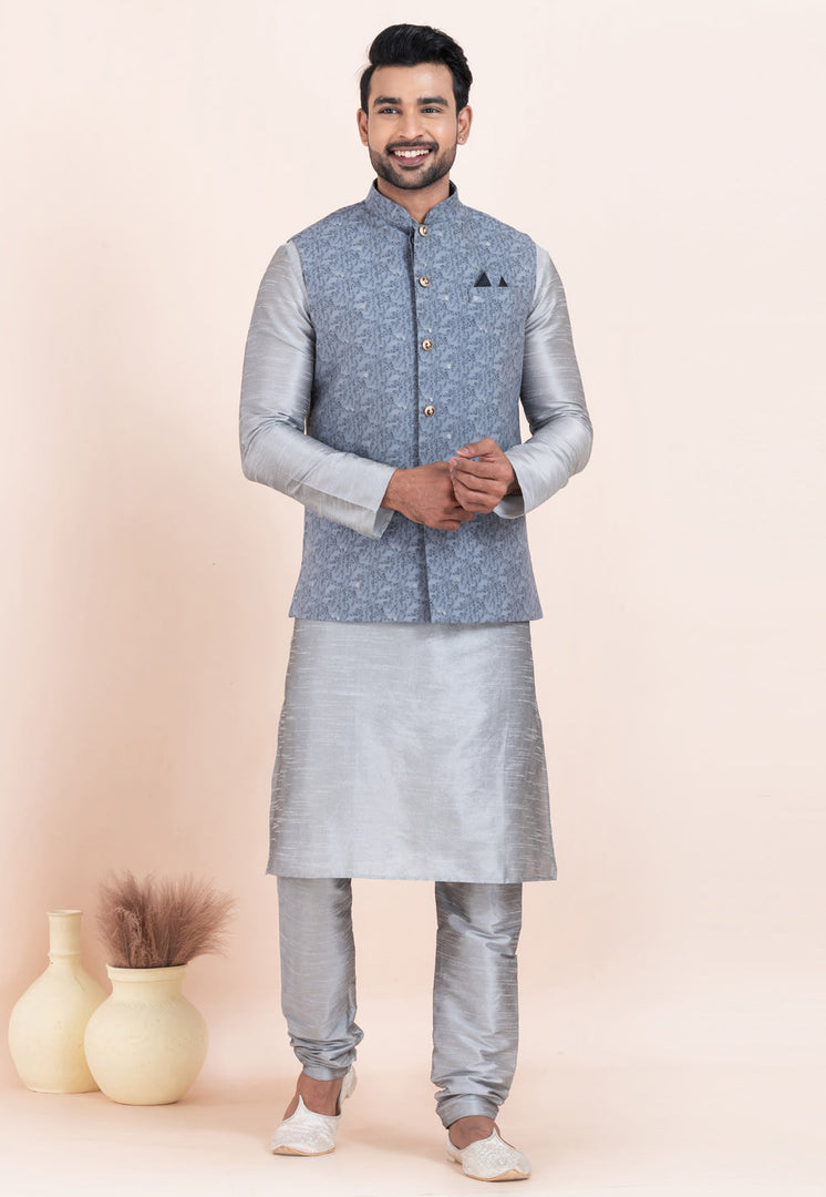Grey Banarasi Silk Kurta Pajama With Jacket