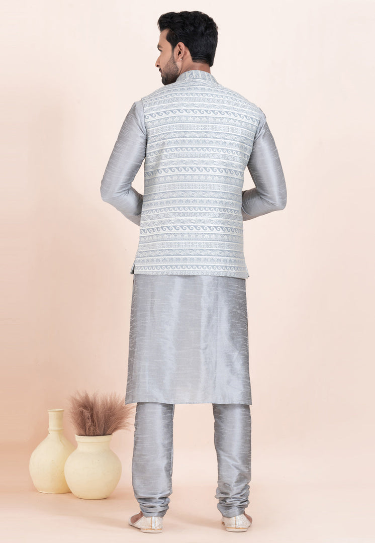 Grey Banarasi Silk Kurta Pajama With Jacket
