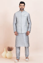 Load image into Gallery viewer, Grey Banarasi Silk Kurta Pajama With Jacket
