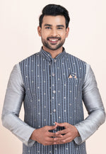 Load image into Gallery viewer, Grey Banarasi Silk Kurta Pajama With Jacket
