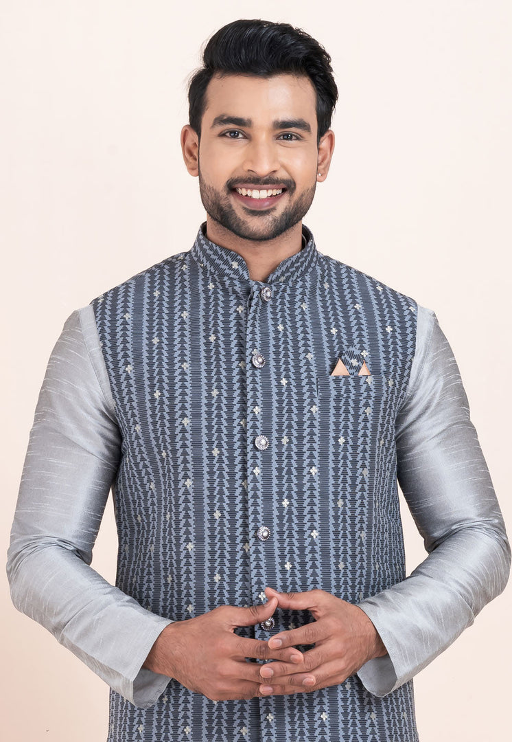 Grey Banarasi Silk Kurta Pajama With Jacket