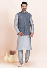 Load image into Gallery viewer, Grey Banarasi Silk Kurta Pajama With Jacket
