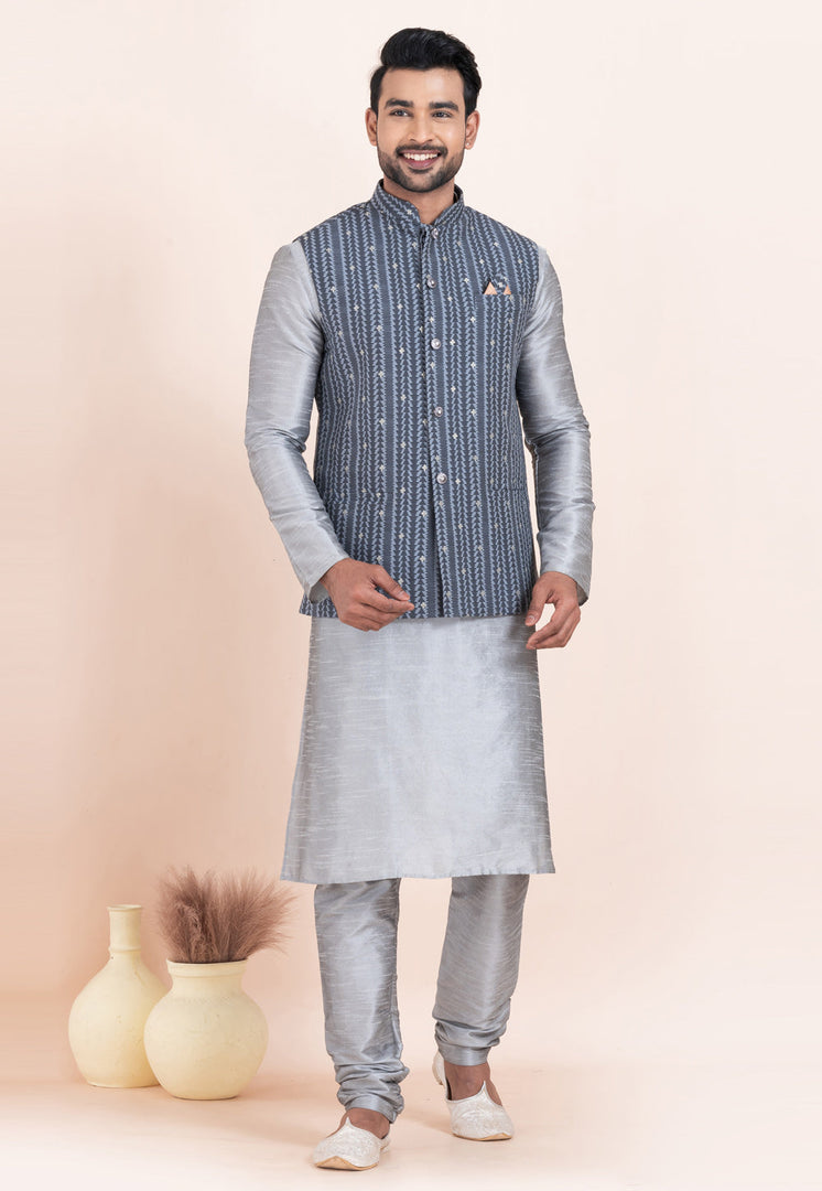 Grey Banarasi Silk Kurta Pajama With Jacket