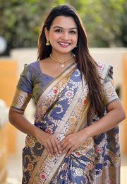 Grey Banarasi Silk Saree With Blouse