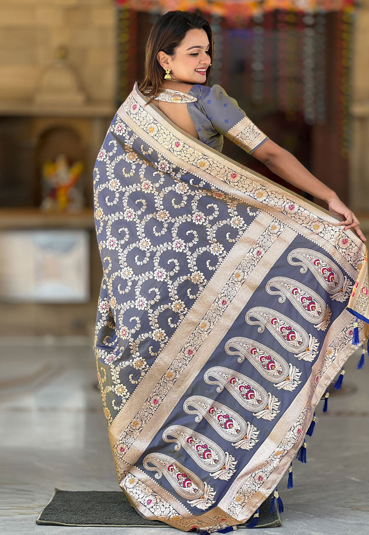 Grey Banarasi Silk Saree With Blouse
