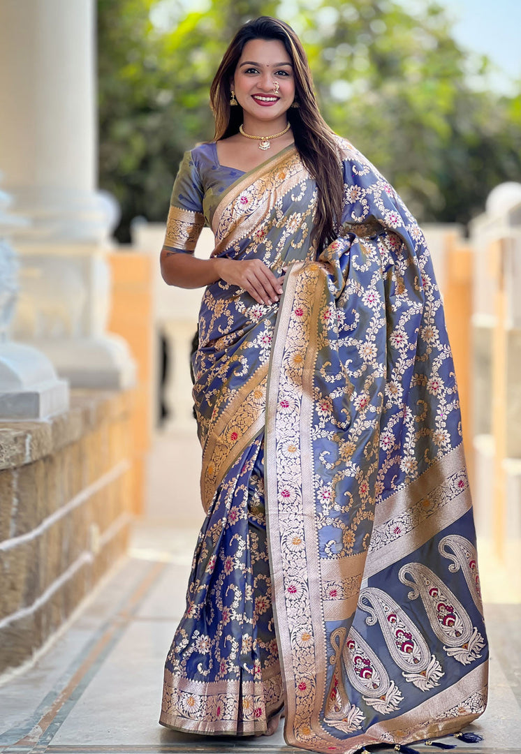 Grey Banarasi Silk Saree With Blouse