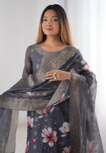 Load image into Gallery viewer, Grey Chanderi Silk Readymade Pant Style Suit
