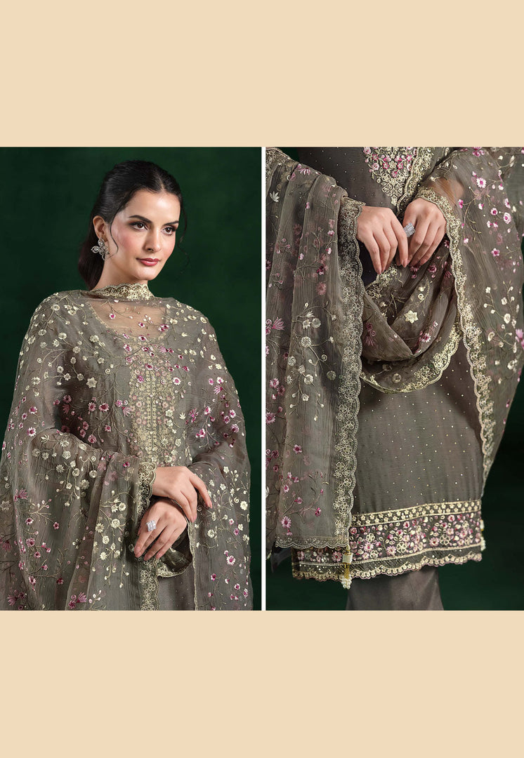 Grey Chiffon Pant Style Suit