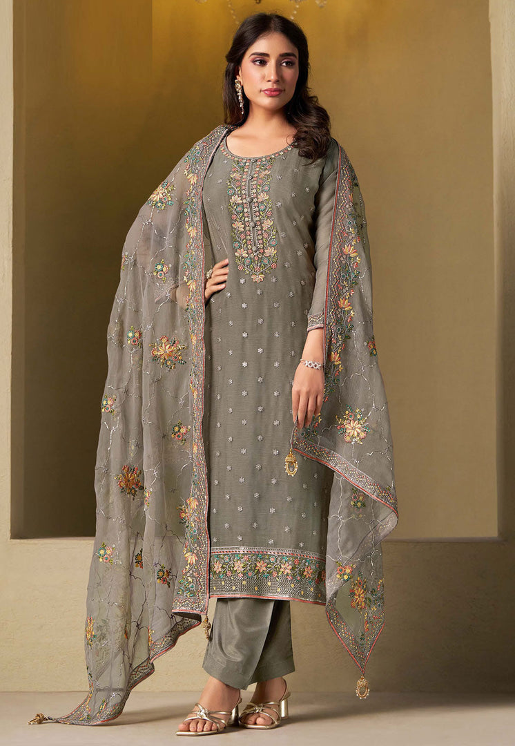 Grey Chiffon Pant Style Suit