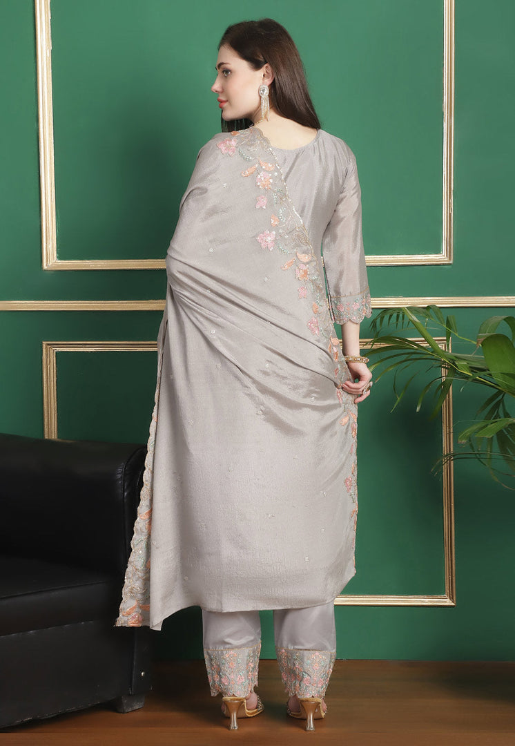 Grey Chinon Chiffon Pant Style Suit