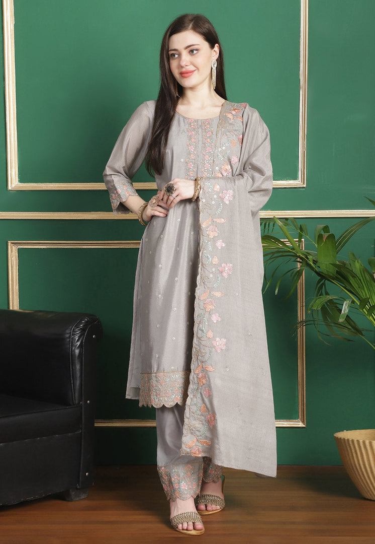 Grey Chinon Chiffon Pant Style Suit