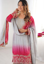Load image into Gallery viewer, Grey Chinon Silk Readymade Sharara Suit
