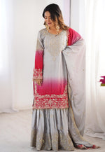 Load image into Gallery viewer, Grey Chinon Silk Readymade Sharara Suit
