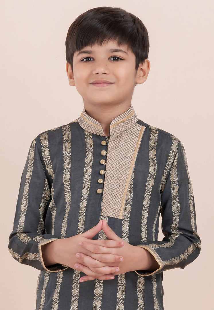 Grey Cotton Jacquard Kids Kurta Pajama