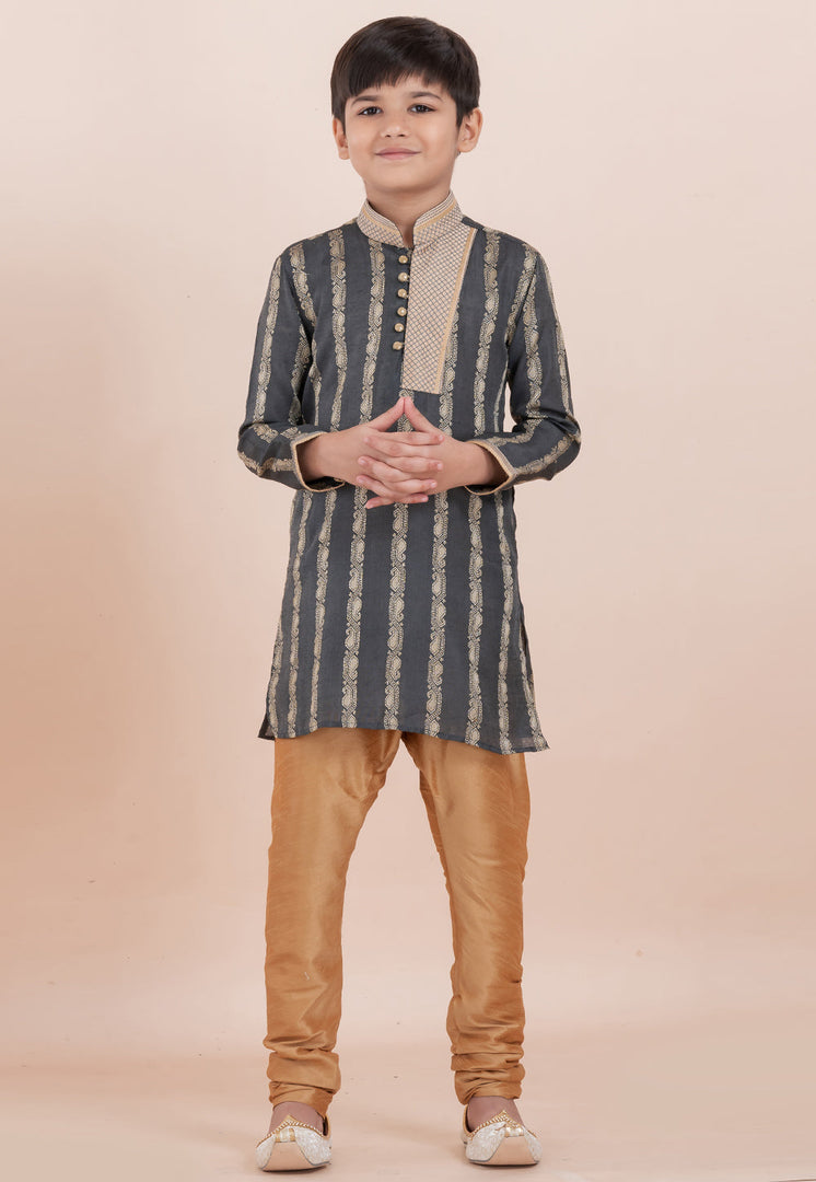 Grey Cotton Jacquard Kids Kurta Pajama