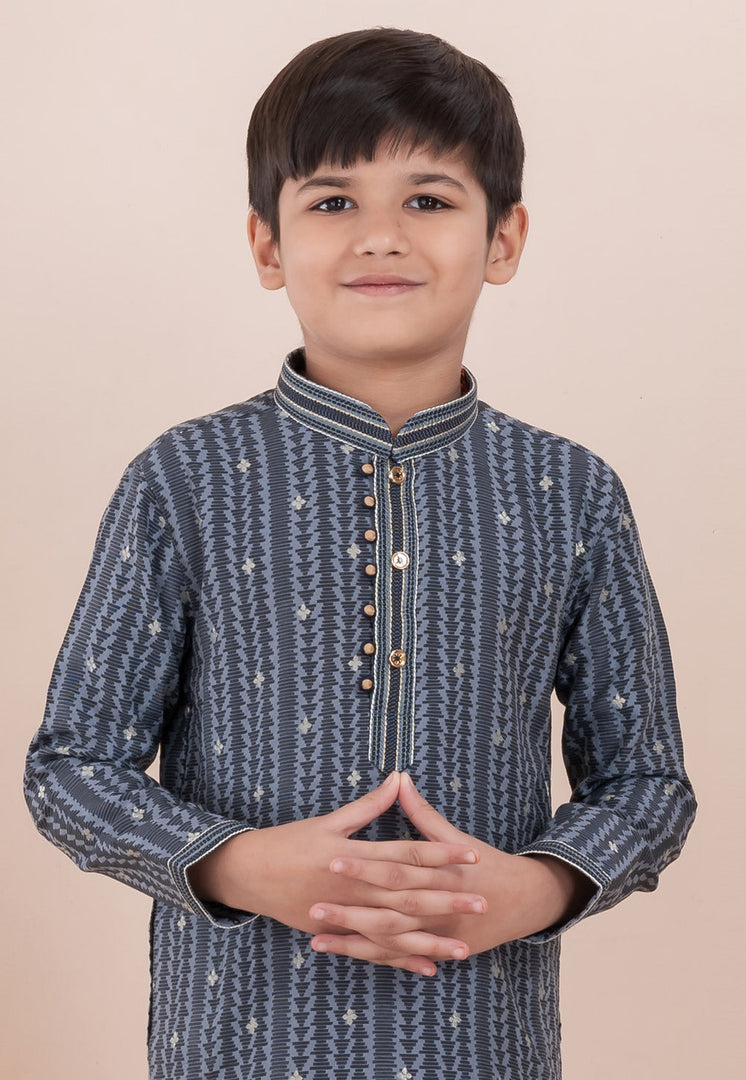 Grey Cotton Jacquard Kids Kurta Pajama