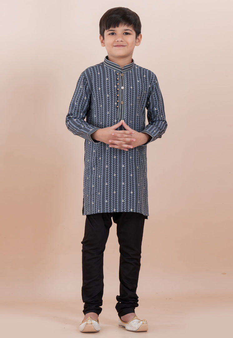 Grey Cotton Jacquard Kids Kurta Pajama