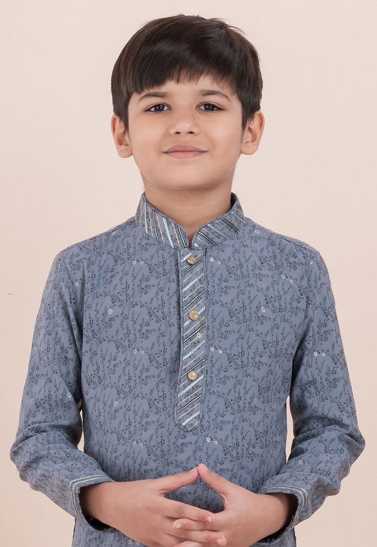 Grey Cotton Jacquard Kids Kurta Pajama