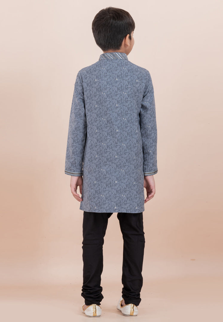 Grey Cotton Jacquard Kids Kurta Pajama