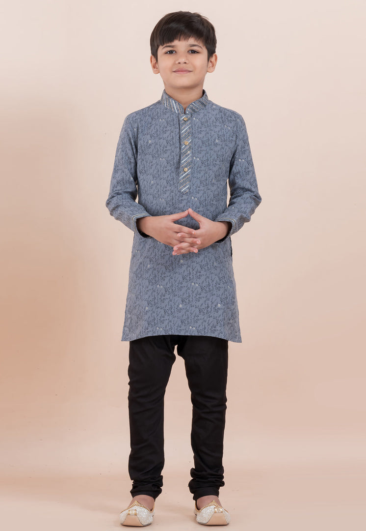 Grey Cotton Jacquard Kids Kurta Pajama