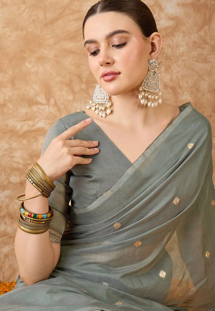 Grey Cotton Jacquard Saree With Blouse