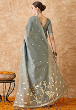 Load image into Gallery viewer, Grey Cotton Jacquard Saree With Blouse