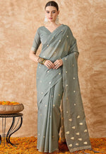 Load image into Gallery viewer, Grey Cotton Jacquard Saree With Blouse