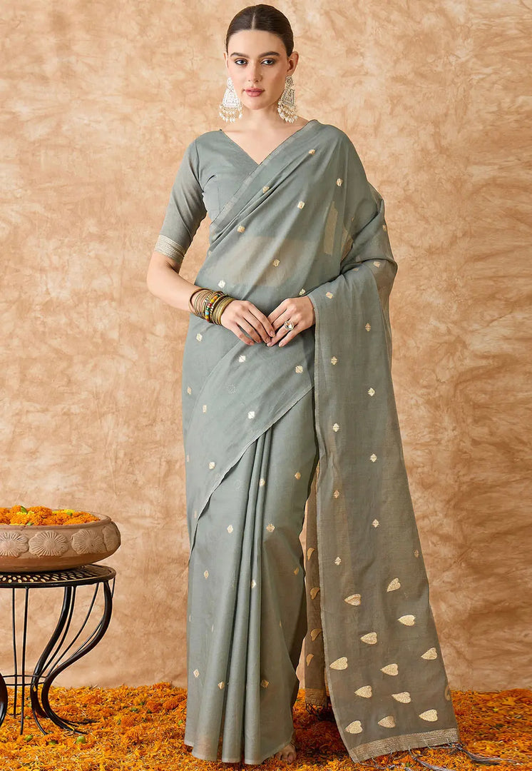 Grey Cotton Jacquard Saree With Blouse