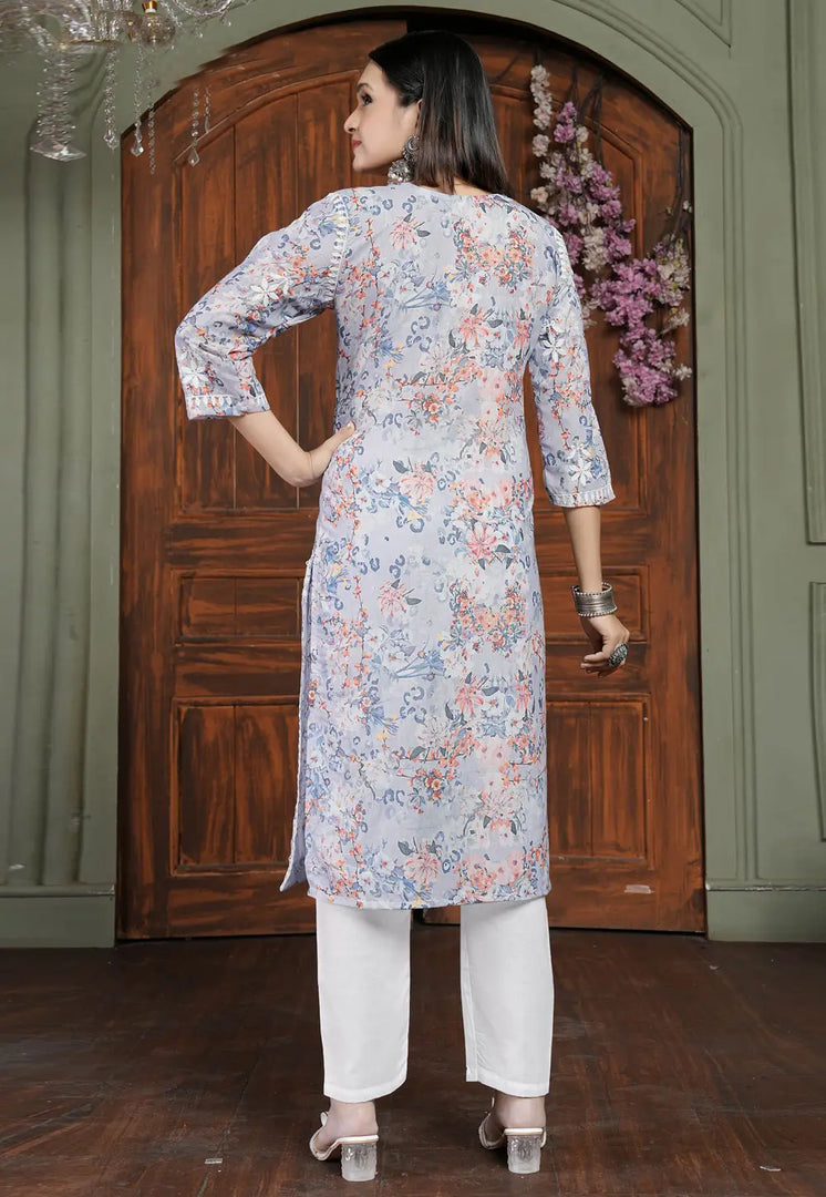 Grey Cotton Kurta Set With Pent