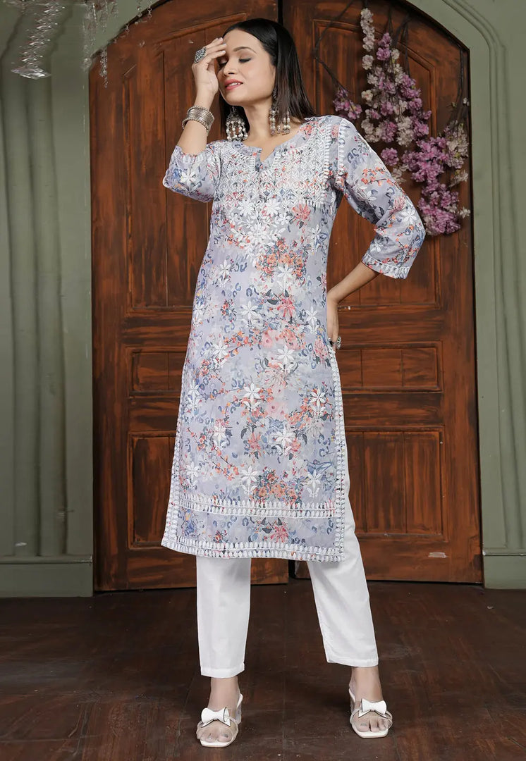 Grey Cotton Kurta Set With Pent