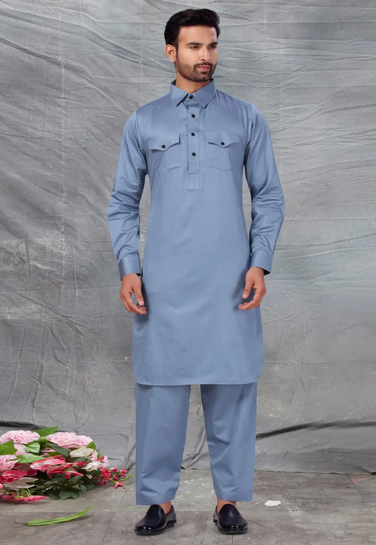 Grey Cotton Pathani Suit