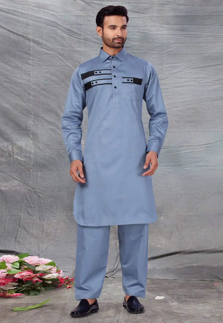 Grey Cotton Pathani Suit