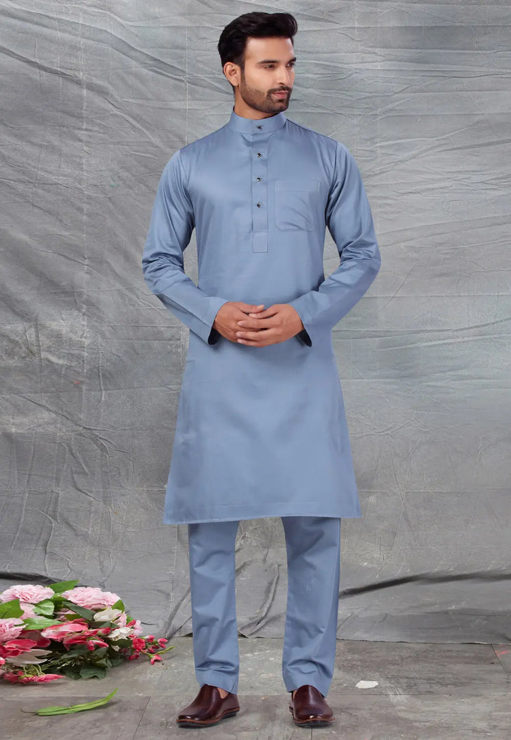 Grey Cotton Pathani Suit