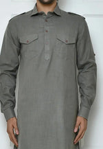 Load image into Gallery viewer, Grey Cotton Pathani Suit
