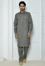 Load image into Gallery viewer, Grey Cotton Pathani Suit
