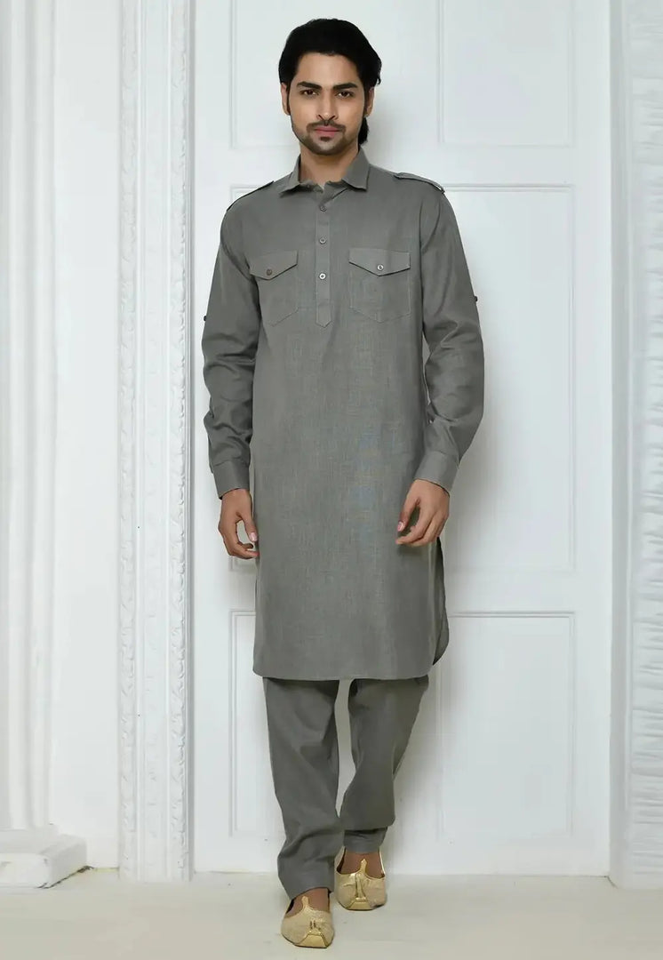 Grey Cotton Pathani Suit